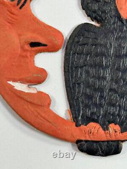 Antique vtg Halloween German Embossed Die Cut Black Owl Paper Moon