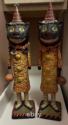 Bethany Lowe 2 Retired Halloween Cat Girls with Pumpkins Twins Figurines 17.75