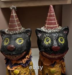 Bethany Lowe 2 Retired Halloween Cat Girls with Pumpkins Twins Figurines 17.75