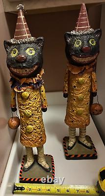 Bethany Lowe 2 Retired Halloween Cat Girls with Pumpkins Twins Figurines 17.75