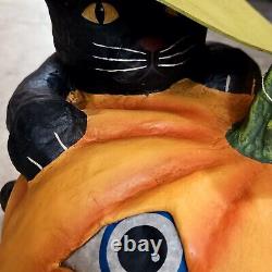 Bethany Lowe Black Cat Witch on Jack O Lantern Paper Mache Halloween 21 X-Large