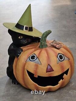 Bethany Lowe Black Cat Witch on Jack O Lantern Paper Mache Halloween 21 X-Large