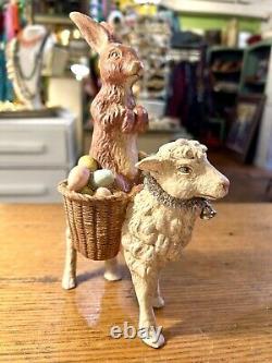 Bethany Lowe Brown Rabbit Riding Lamb Carrying Baskets Of Eggs HTF