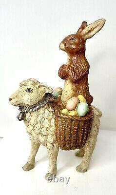 Bethany Lowe Brown Rabbit Riding Lamb Carrying Baskets Of Eggs HTF