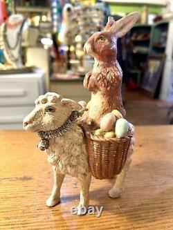 Bethany Lowe Brown Rabbit Riding Lamb Carrying Baskets Of Eggs HTF