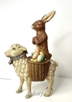 Bethany Lowe Brown Rabbit Riding Lamb Carrying Baskets Of Eggs HTF