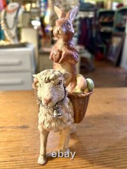 Bethany Lowe Brown Rabbit Riding Lamb Carrying Baskets Of Eggs HTF