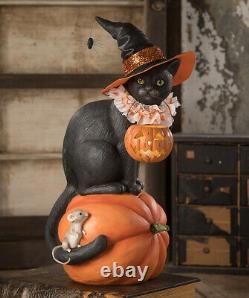 Bethany Lowe Designs Halloween Black Cat Witch on Pumpkin, item# TD9085