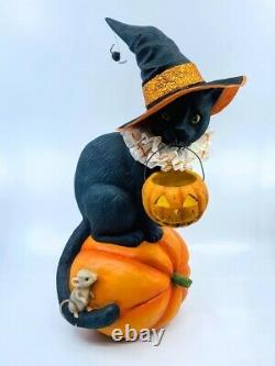 Bethany Lowe Designs Halloween Black Cat Witch on Pumpkin, item# TD9085