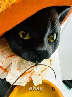 Bethany Lowe Designs Halloween Black Cat Witch on Pumpkin, item# TD9085