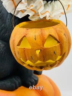 Bethany Lowe Designs Halloween Black Cat Witch on Pumpkin, item# TD9085