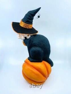 Bethany Lowe Designs Halloween Black Cat Witch on Pumpkin, item# TD9085