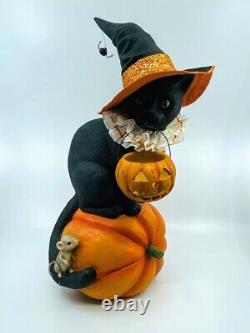 Bethany Lowe Designs Halloween Black Cat Witch on Pumpkin, item# TD9085