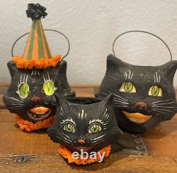 Bethany Lowe Halloween Set of 3 Black Cat Mini Buckets-Votive Included
