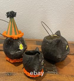 Bethany Lowe Halloween Set of 3 Black Cat Mini Buckets-Votive Included