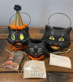 Bethany Lowe Halloween Set of 3 Black Cat Mini Buckets-Votive Included