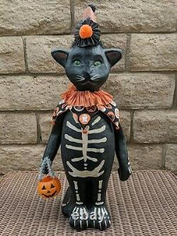 Bethany Lowe Halloween Skeleton Black Cat Costume Paper Mache Holding Pumpkin