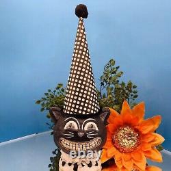 Black Cat Halloween Polka Dot Party Hat Paper Mache Style Figure Decoration v2