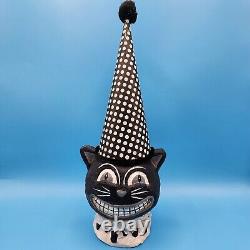 Black Cat Halloween Polka Dot Party Hat Paper Mache Style Figure Decoration v2