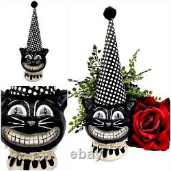 Black Cat Halloween Polka Dot Party Hat Paper Mache Style Figure White Decor 11