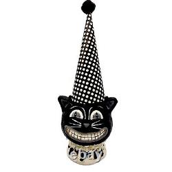 Black Cat Halloween Polka Dot Party Hat Paper Mache Style Figure White Decor 11