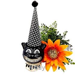 Black Cat Halloween Polka Dot Party Hat Paper Mache Style Figure White Decor 11