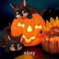 Black Cats and Pumpkin Halloween Night Light Ceramic Mold Lamp Lights Up