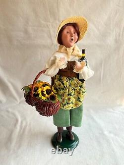 Byers Choice 2011 Lady with Wine Bottle & Basket of Sunflowers Signed Joyce Byers