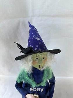Byers Choice Green Face Halloween Witch with Lantern Flowers Raven & Cobweb Shawl