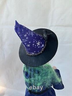 Byers Choice Green Face Halloween Witch with Lantern Flowers Raven & Cobweb Shawl