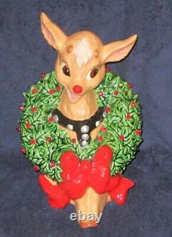 Ceramic Reindeer With Wreath Round Globe Lights Christmas Vintage