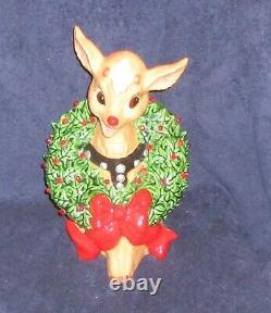 Ceramic Reindeer With Wreath Round Globe Lights Christmas Vintage