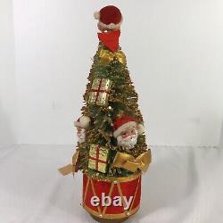 Christmas Bottle Brush Tree Santa & Gifts Packages Gold Glitter Music Vintage