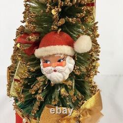 Christmas Bottle Brush Tree Santa & Gifts Packages Gold Glitter Music Vintage