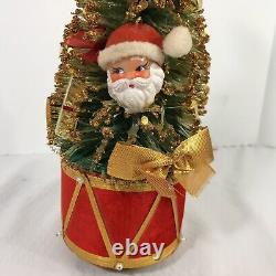 Christmas Bottle Brush Tree Santa & Gifts Packages Gold Glitter Music Vintage