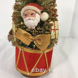 Christmas Bottle Brush Tree Santa & Gifts Packages Gold Glitter Music Vintage