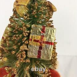 Christmas Bottle Brush Tree Santa & Gifts Packages Gold Glitter Music Vintage