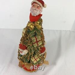 Christmas Bottle Brush Tree Santa & Gifts Packages Gold Glitter Music Vintage