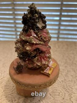 Christmas Music Box 6 1/4 Pink Bottle Brush Tree Rotating Wood Vintage Ribbon