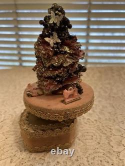 Christmas Music Box 6 1/4 Pink Bottle Brush Tree Rotating Wood Vintage Ribbon