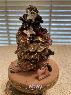 Christmas Music Box 6 1/4 Pink Bottle Brush Tree Rotating Wood Vintage Ribbon