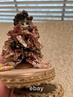 Christmas Music Box 6 1/4 Pink Bottle Brush Tree Rotating Wood Vintage Ribbon