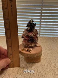 Christmas Music Box 6 1/4 Pink Bottle Brush Tree Rotating Wood Vintage Ribbon