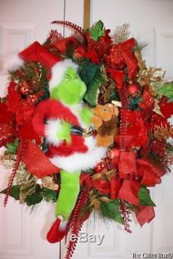 Christmas Wreath Grinch Holiday Wreaths Red Poinsettia Grinch Doll