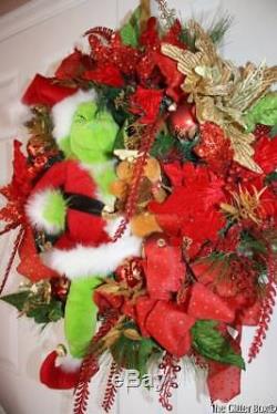 Christmas Wreath Grinch Holiday Wreaths Red Poinsettia Grinch Doll