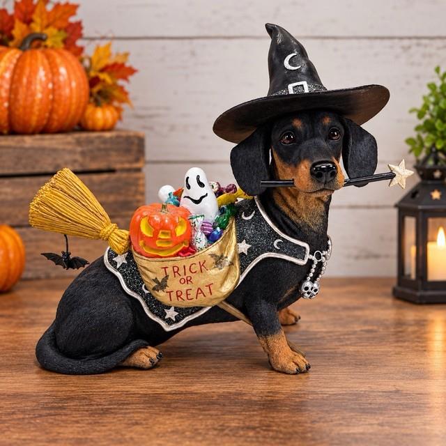 Danbury Mint Halloween Trick Or Treat Dachshund Dog In Witch Costume Figurine