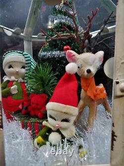 EXCEPTIONAL Vintage Christmas Babies Reindeer Glass Terrarium Assemblage KITSCH