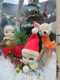 EXCEPTIONAL Vintage Christmas Babies Reindeer Glass Terrarium Assemblage KITSCH