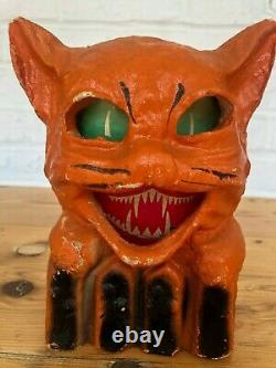 Early Vintage Cat Jack-O-Lantern Paper Mache Halloween with Orig Paper Insert