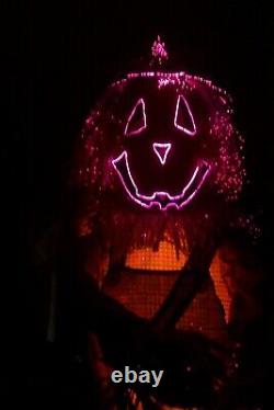 Gemmy Halloween Fiber Optic Color Changing Standing Scarecrow Pumpkin Head VGC